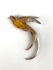 Two Tone Bird Brooch with Yellow Faceted Stone