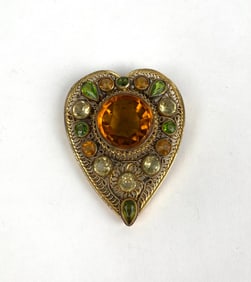 Heart Shaped Brooch with Amber and Green Accents