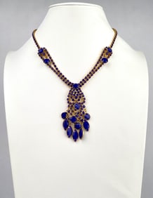 Gold Tone Necklace with Blue Glass Stones and Drop Pendant