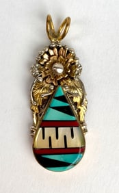 Sterling Silver and Gold Filled Multi Stone Inlay Pendant Signed Virginia C