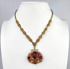 Vintage Czech Gold Tone Necklace with Glass Stones and Pearls