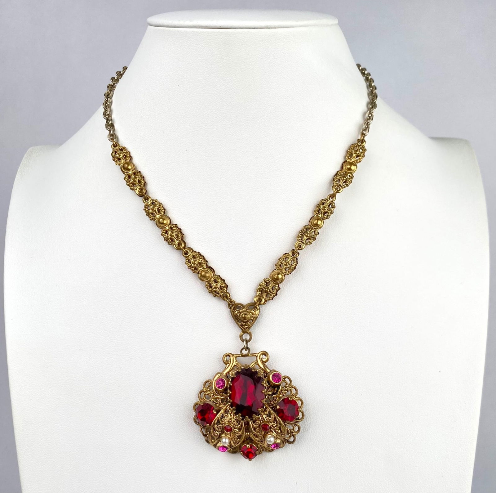 Vintage Czech Gold Tone Necklace with Glass Stones and Pearls (1 of 8)