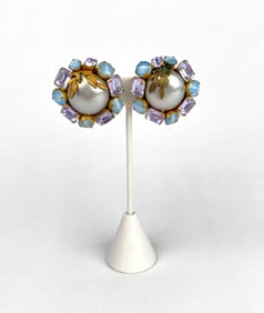 Miriam Haskell Faux Pearl & Rhinestone Clip Earrings