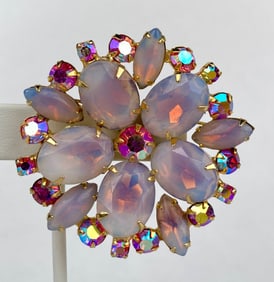 Mid Century Gold Tone Brooch With Opalescent Rhinestones