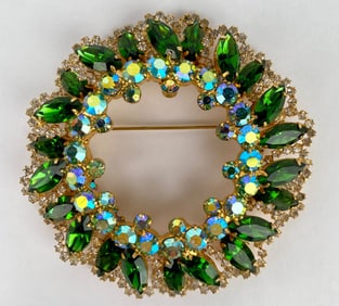 Mid Century Large Gold Tone Brooch With Green Rhinestones