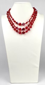 Three Strand Red Glass Beaded Floral Necklace