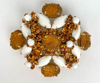 Mid Century Fruit Salad Amber and White Rhinestone Brooch
