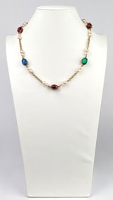 Miriam Haskell Gold Tone Necklace with Pearls and Color Glass