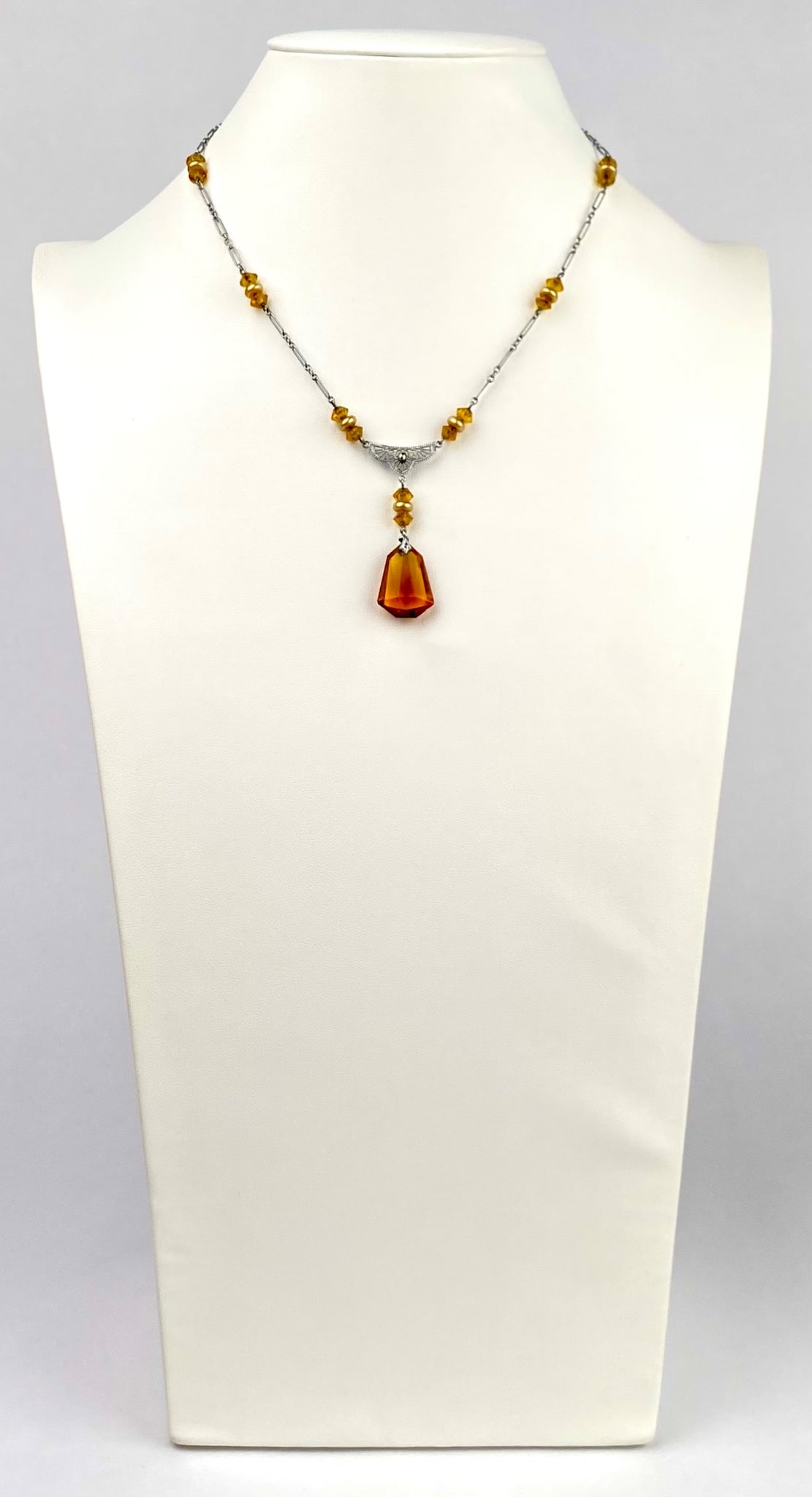 Art Deco Czech Sterling Silver Necklace with Amber Glass Drop (1 of 10)