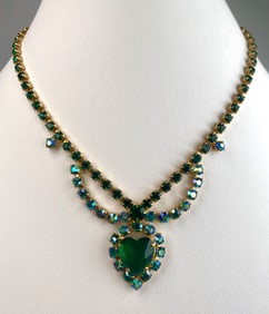 Vintage Emerald Green Rhinestone Heart Necklace