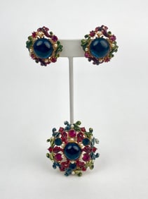 Hattie Carnegie Enamel and Rhinestone Brooch and Clip On Earring Set