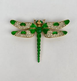 Panetta Dragonfly Brooch with Rhinestones and Green Enamel