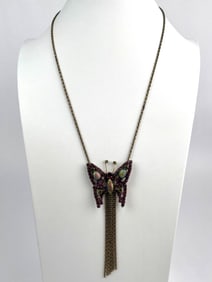 Vintage Czech Butterfly Pendant Necklace with Dangling Chain Tassel