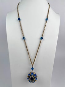 Blue Rhinestone Cluster Pendant Necklace on Textured Link Chain