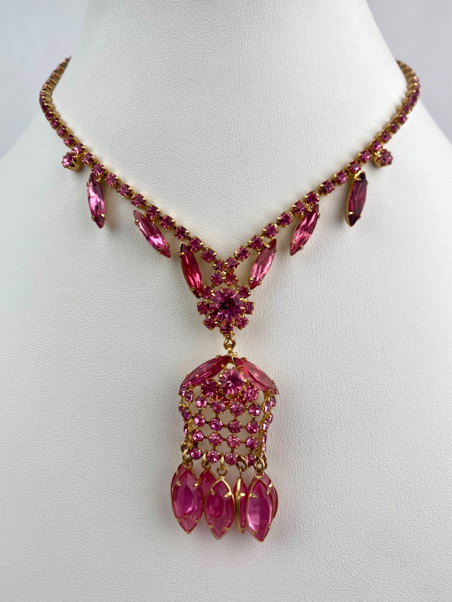 Pink Rhinestone Necklace with Tiered Dangle Pendant (1 of 10)