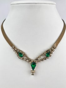Vintage Mesh Choker Necklace with Emerald Green Pear Rhinestones