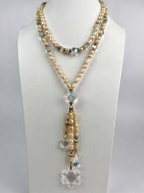 Vintage Faux Pearl and Crystal Dangle Necklace