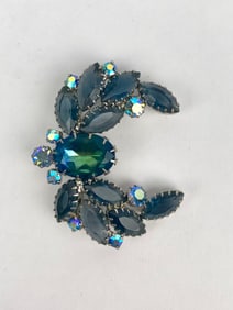 Mid Century Blue and Aurora Borealis Rhinestone Crescent Brooch