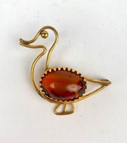 Amber Glass Duck Brooch by Amco, 12K Gold Filled