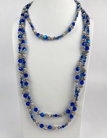 Vintage Diva Blue Crystal and Faux Pearl Long Necklace