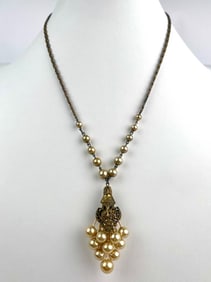 Vintage Renaissance Revival Faux Pearl Necklace with Floral Clasp