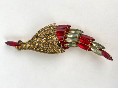 Signed Hobe Red and Clear Rhinestone Brooch
