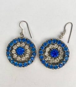Pair of Vintage Blue and Clear Rhinestone Medallion Earrings