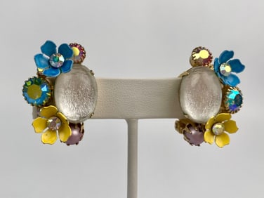 Signed Kramer Enamel and Rhinestone Clip On Earrings