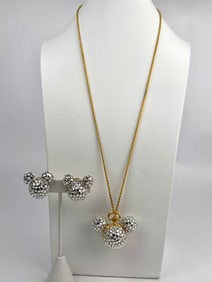 Mickey Mouse Rhinestone Watch Pendant Necklace and Clip On Earring Set