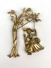 Vintage Articulated Girl on Swing Brooch in Gold Tone Metal
