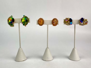 Set of Three Pairs of Clip-On Earrings Featuring Vibrant Stones