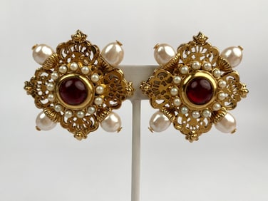 Butler & Wilson Faux Pearl and Red Cabochon Filigree Clip Earrings