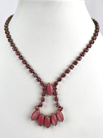 Vintage Pink Rhinestone and Navette Cabochon Y Drop Necklace