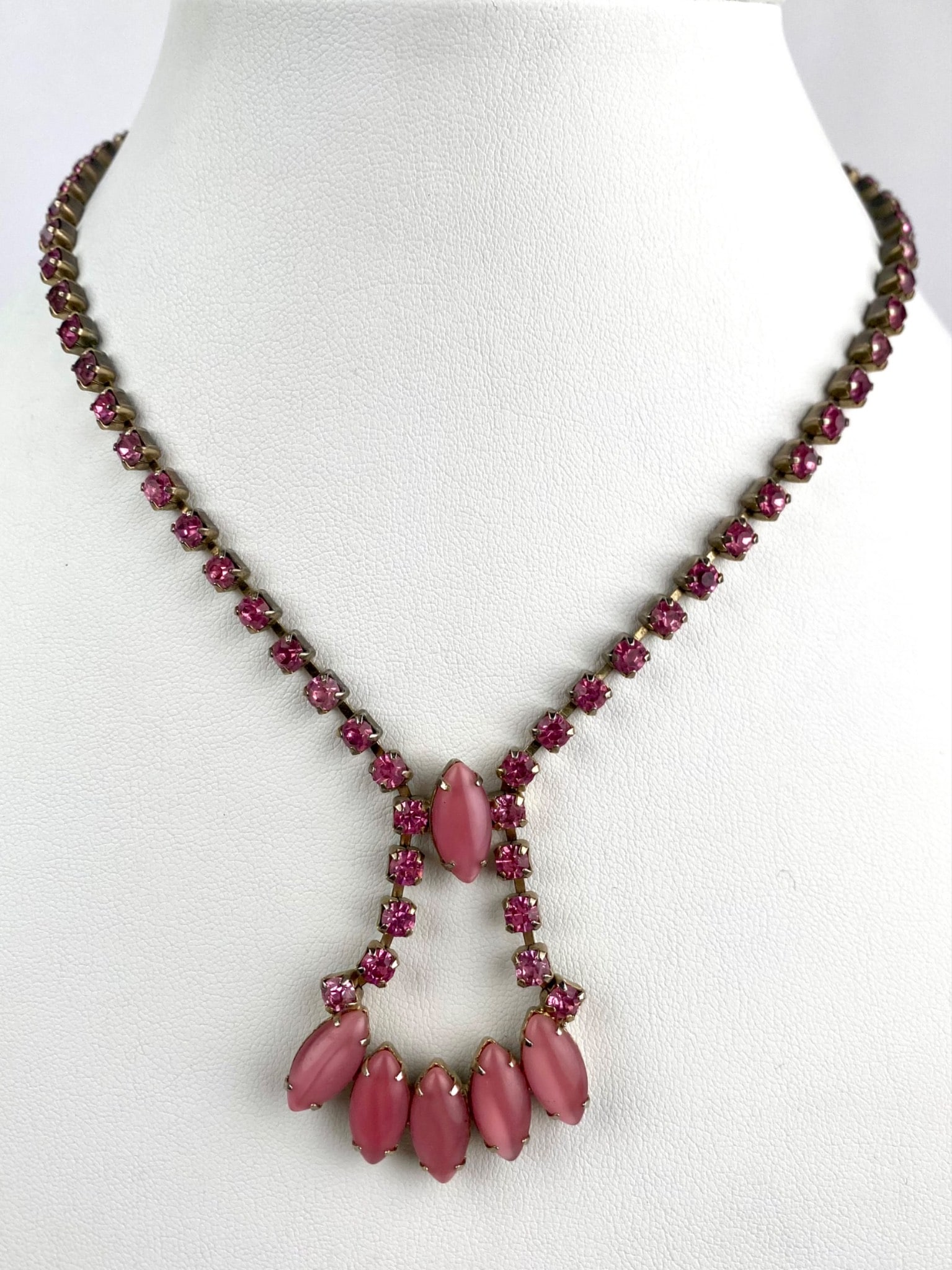Vintage Pink Rhinestone and Navette Cabochon Y Drop Necklace (1 of 10)