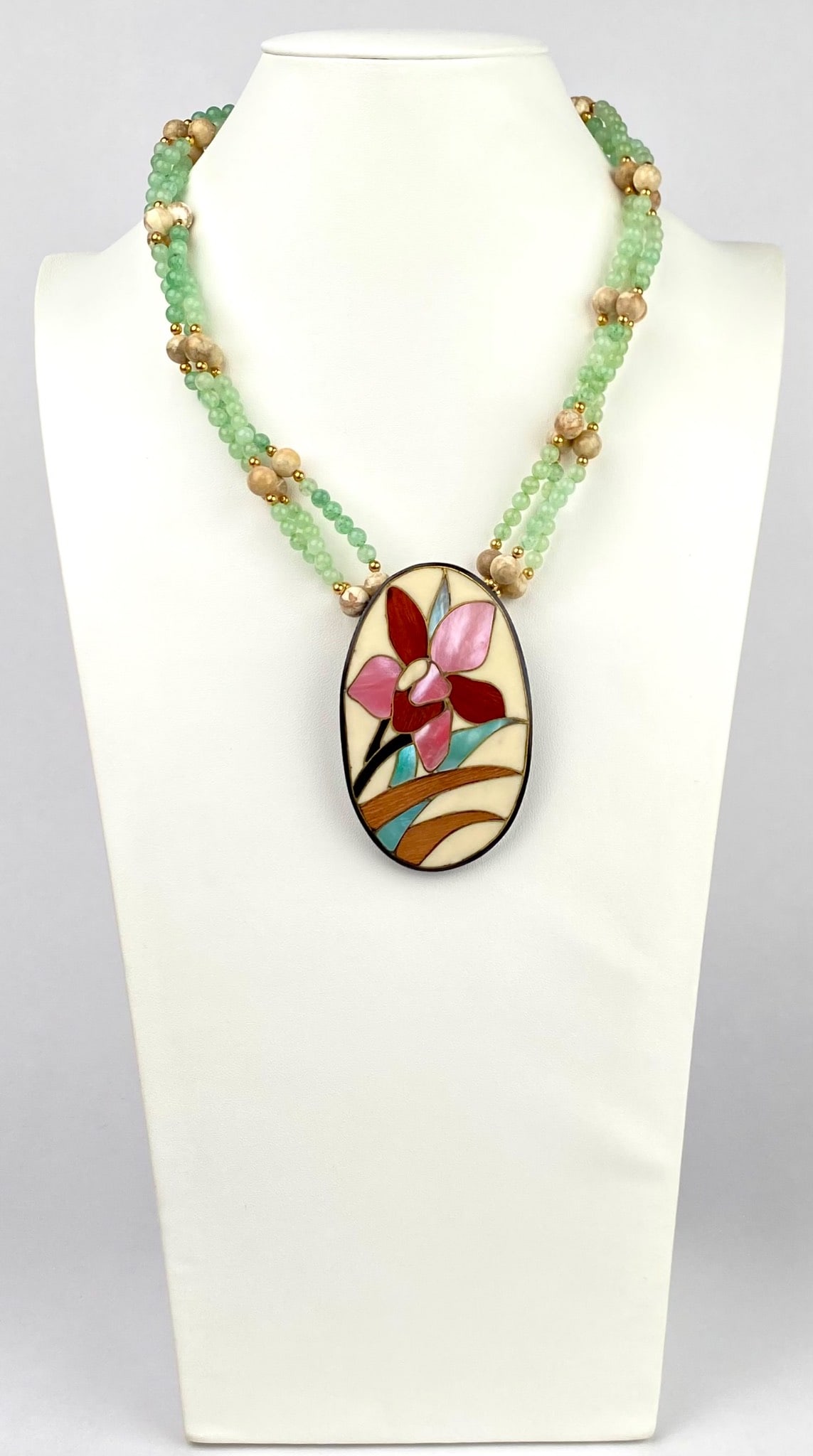 Handcrafted Aventurine Bead Necklace with Inlaid Floral Pendant (1 of 9)