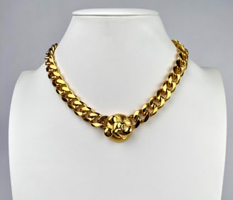 Chunky Gold Tone Disney Necklace with Mickey Mouse Medallion