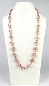 Mid Century Pink Lampwork Floral Bead Necklace (1/20 14K Clasp)