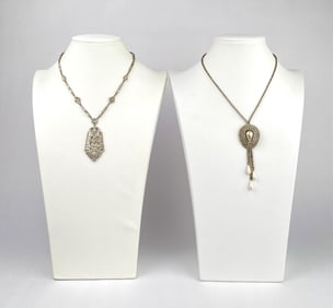 Pair of Vintage Rhinestone and Pearl Necklaces with Drop Pendant