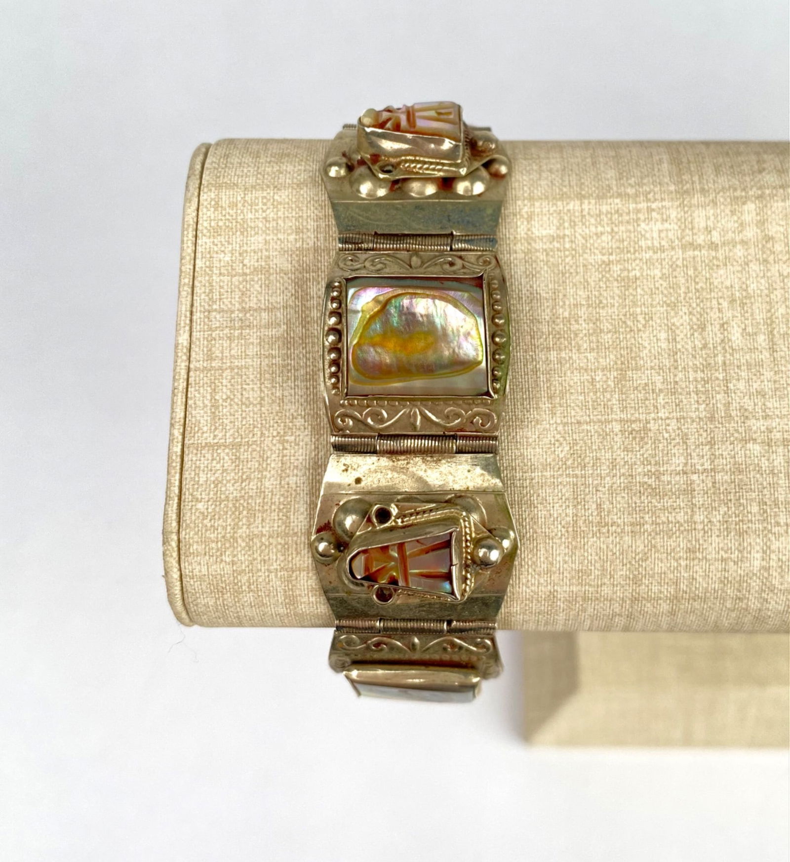 Vintage Mexican Sterling Silver and Abalone Inlay Panel Bracelet (1 of 11)