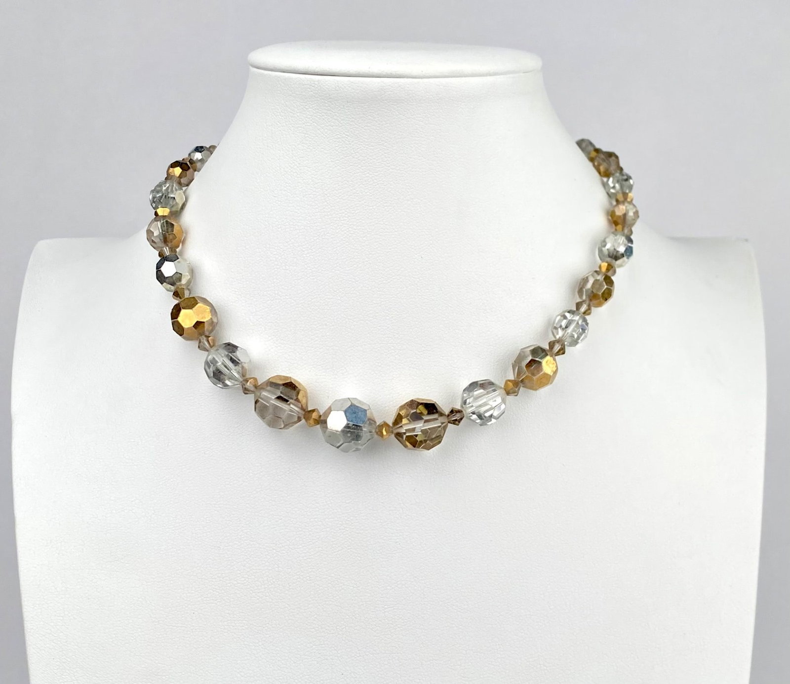 Mid Century Czech Faceted Crystal and Glass Bead Necklace: Vintage Czech glass necklace featuring alternating faceted clear and metallic gold tone beads. Consistent with 1930s through 1950s Czech craftmanship. Necklace is in good condition with some wear cons
