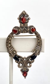 Signed Sterling Silver Marcasite and Garnet Color Brooch