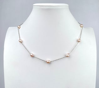 Pink Freshwater Pearl Station Necklace on Silver Tone Chain