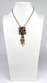 Mid Century Rhinestone Pendant Necklace with Floral Filigree