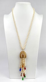 Gold Tone Beaded Necklace With Faux Pearls and Multicolor Drops