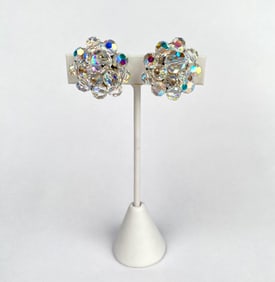 Vintage Pair of Aurora Borealis Crystal Cluster Clip On Earrings