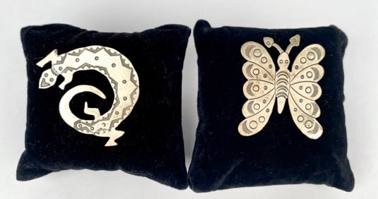 2 Signed Southwestern Hand Stamped Sterling Silver Brooches