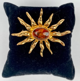 Signed Louis Stern Gold Tone Sunburst Brooch with Amber Center