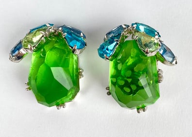 WEISS Clip On Earrings with Green and Blue Stones