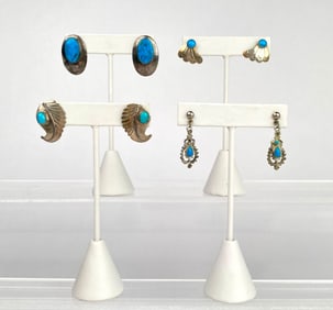 Collection of Four Pairs of Sterling Silver and Turquoise Earrings