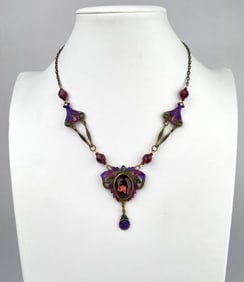 Art Nouveau Revival Necklace with Brass and Purple Glass Stones